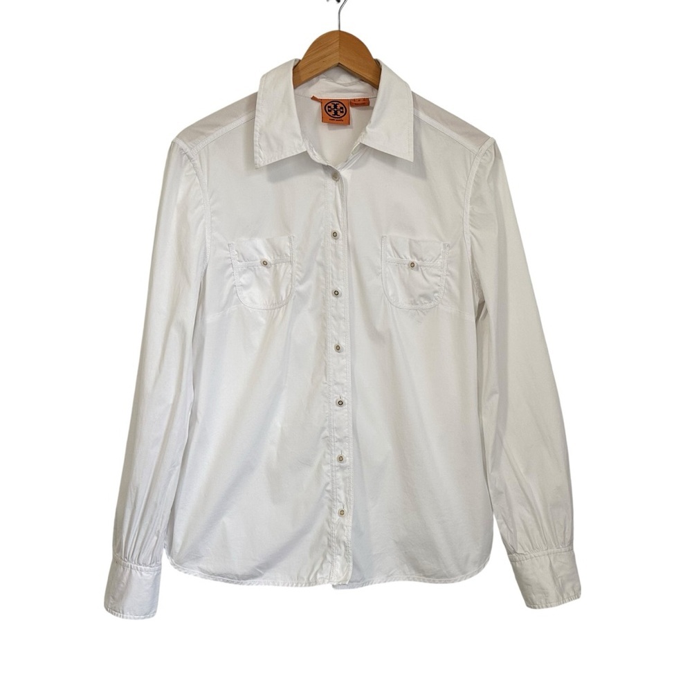 Tori Burch Button Up Long Sleeve Collared Shirt Sz 12 White Classic Chest Pocket